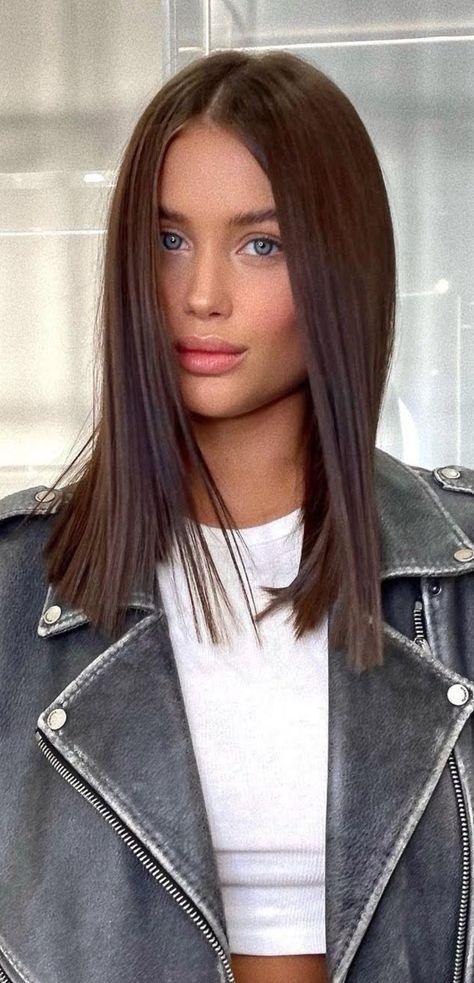 Brown Short Hair Colors, Medium Length Haircut No Layers Straight, Medium Length Sleek Hairstyles, Middle Length Straight Hair, Short Dark Straight Hair, Brunette Straight Haircut, Sleek Medium Length Hair, Straight Brown Haircut, Brunette Long Bob Straight