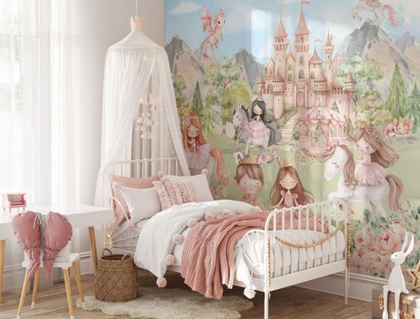 Fairytale Mural, Fairy Room Decor, Lake Nursery, Mural Nursery, Wallpaper Installation, Kindergarten Wallpaper, Fairy Room, Fairy Wall Art, Girls Room Wall Decor