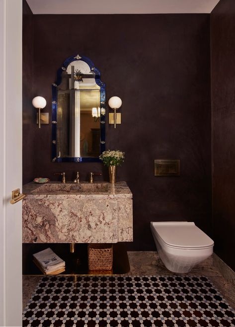 Tour a Worldly Manhattan Apartment That’s All About “Pinking It Out” | Architectural Digest Floating Sink, Custom Canopy, Mosaic Bathroom, Manhattan Apartment, Guest Bathroom, Architectural Digest, Interior Inspo, 인테리어 디자인, Bathroom Interior Design