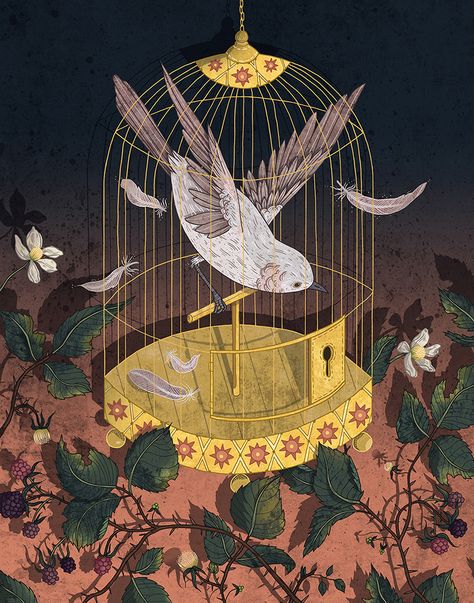 Caged by Jori van de Linde Bird Cage Art Illustration, A Bird In A Covered Cage, Bird In Cage Art, Fish Inside A Birdcage Art, Bird In A Cage Aesthetic, I Know Why The Caged Bird Sings, Caged Bird Aesthetic, Bird Flying From Cage, Bird In Cage Drawing