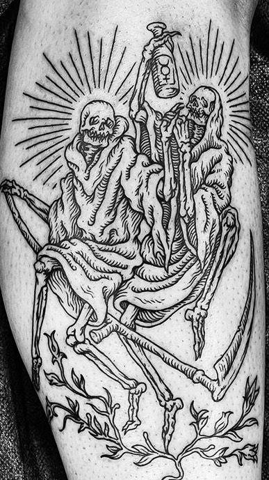 Medieval Grim Reaper Tattoo, Woodblock Tattoo Style, Skeleton Knight Tattoo, Wood Cut Tattoo Style, Danse Macabre Tattoo, Medieval Engraving Tattoo, Medieval Woodcut Art, Medieval Art Tattoo, Medieval Tattoo Sleeve