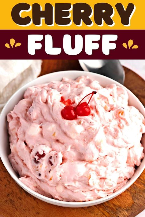 Whip up this cherry fluff for a deliciously light treat! It's great for potlucks and holiday parties. Best part? You only need a few easy ingredients to do it! Cherry Salad, Cherry Fluff Salad Cool Whip, Cherry Fluff, 2 Ingredient Desserts, Cherries Salad, Canning Cherry Pie Filling, Fluff Recipe, Fluff Desserts, Jello Desserts