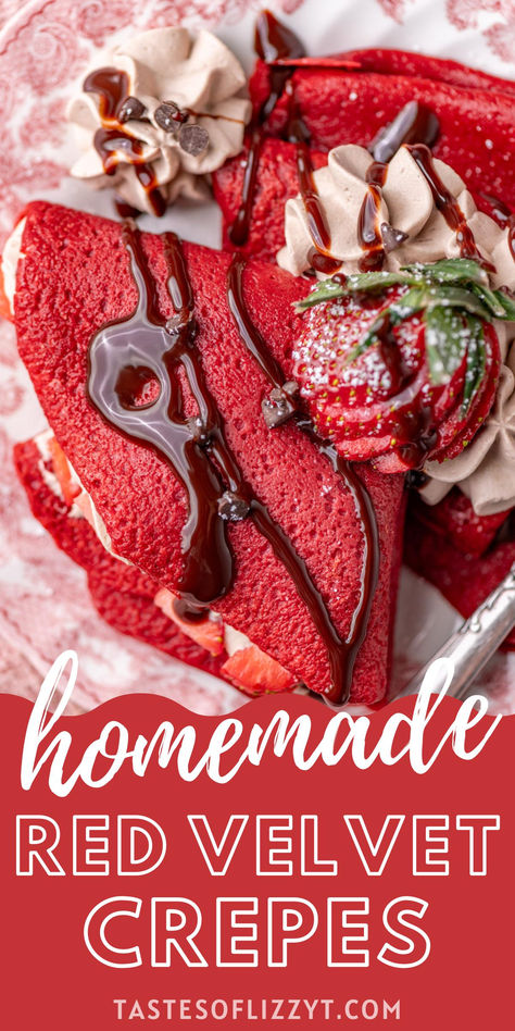 homemade red velvet crepes with chocolate drizzle Red Velvet Crepes, Strawberry Crepe Aesthetic, Crepes With Raspberries, Creamy Strawberry Crepes, Strawberries And Cream Crepes, Strawberry Chocolate Crepes, Fruit Crepes, Berry Crepes, Crepes Filling