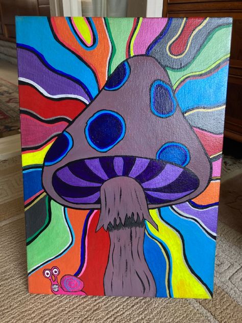 Rainbow Mushroom Painting, Trippy Snail, Trippy Mushroom Painting, Mushroom Paintings, Bedroom Art Painting, Mushroom Painting, Cute Easy Paintings, Memories Box, Mushroom Drawing