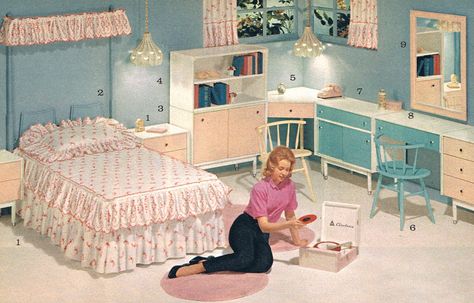 teen bedroom - 1964 1950s Bedroom, Sally Draper, Retro Rooms, Casa Retro, Tufted Headboards, Contemporary Bedroom Design, Vintage Homes, Mid Century Bedroom, Retro Bedrooms