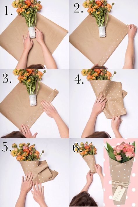 How to wrap a flower bouquet with craft paper Craft Paper Wrapping, Wrap Flowers, Diy Bouquet Wrap, Flower Bouquet Diy, How To Wrap, Paper Bouquet, Gift Bouquet, Bouquet Wrap, Flowers Bouquet Gift