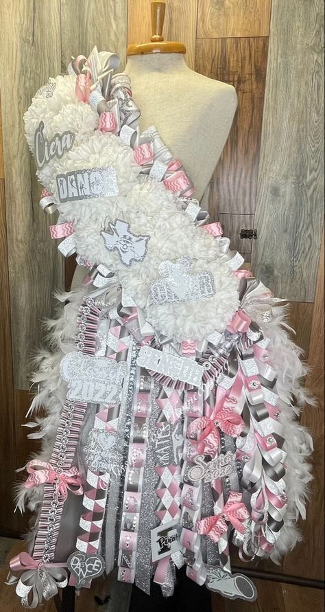 Senior sash white and pink mum Cow Print Pink, Pink Mum, Forney Texas, Unique Homecoming Mums, Senior Hoco, Senior Sash, Satin Ribbon Flower, Creative Writing Lesson, Mum Ideas