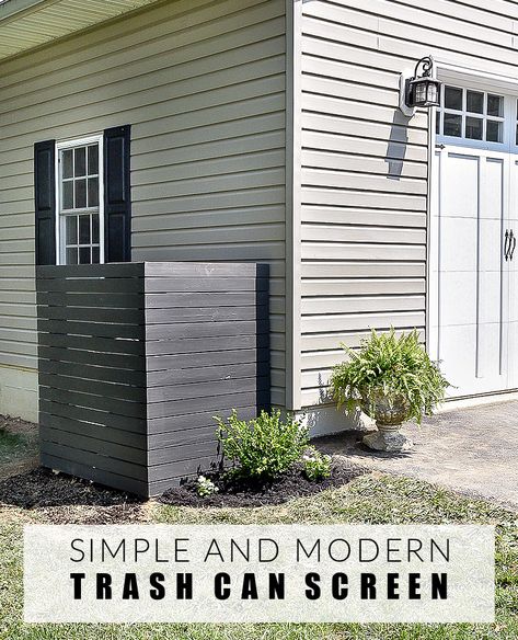 Modern Trash Enclosure, Exterior Trash Can Storage, Trash Cans On Side Of House, Trash Can Storage Outdoor Pallets, Pallet Garbage Can Storage Outdoor, Trash Can Screen Outdoor Diy, Trash Can Screen Outdoor, How To Hide Outdoor Garbage Cans, Hiding Garbage Cans Outside