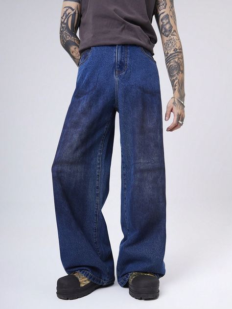 Vintage Y2K Streetwear Men's Dark Blue Baggy Denim Jeans With Distressed Dirty Effect Dark Wash    Denim Plain Straight Leg Non-Stretch  Men Clothing, size features are:Bust: ,Length: ,Sleeve Length: Baggy Denim Jeans, Estilo Streetwear, Baggy Denim, Streetwear Mens, Printed Sleeveless Top, Casual Hairstyles, Y2k Streetwear, Short Jeans, Shorts Jeans