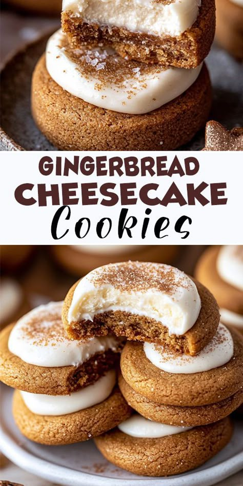 🎅 Spice up your holiday season with these delicious Gingerbread Cheesecake Cookies! Soft, creamy, and full of gingerbread goodness. #CheesecakeLove #HolidayTreats #GingerbreadCookies #HolidayRecipes Christmas Food Table, Cheesecake Cookies Recipes, Gingerbread Cheesecake, Cheesecake Cookie, Soft Gingerbread Cookies, Italian Christmas Cookies, Types Of Desserts, Cookies Soft, Easy Christmas Treats