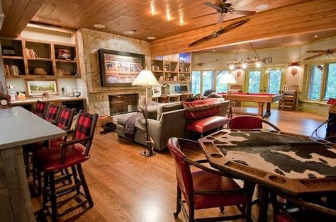 rustic game rooms | rustic game room Masculine Game Room, Rustic Game Room, Cabin Game Room, Cozy Attic Bedroom, Basement Games, Cozy Attic, Attic Bedroom Designs, Game Room Basement, Recreational Room