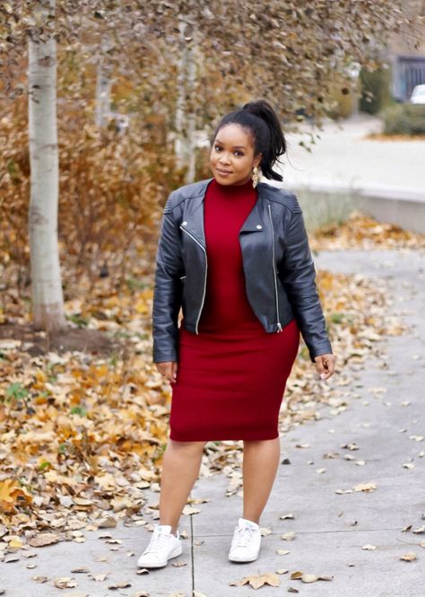 Red Dress Plus Size Casual, Leather Jacket Curvy, Red Outfit Plus Size, Dress Leather Jacket, Autumn Fashion Curvy, Curvy Casual Outfits, Outfits Gorditas, Leather Jacket Dress, Plus Size Fall Outfit