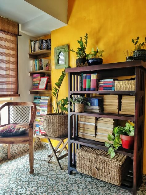 Cosy corners combining Indian ethnic and bohemian elements for a warm, eclectic vibe Cosy Corners, Bohemian Elements, A Place Called Home, Cosy Corner, Aesthetic Decor, Wall Art Design, Indian Home, Design Language, Home Library