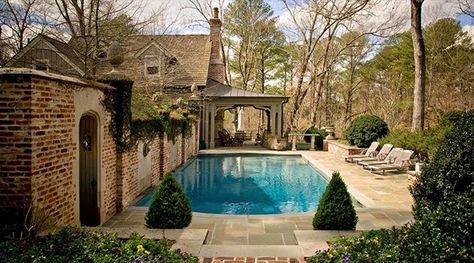 22 Outstanding Traditional Swimming Pool Designs For Any Backyard is a collection which aims to showcase you designs of swimming pools that you can embed in any backyard. Pool Brick, Sidewalk Design, Tudor Garden, Storybook Design, Garden Pools, Traditional Pool, Brick Sidewalk, Rose Ideas, Backyard Resort