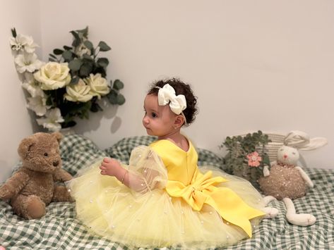 Baby girl yellow dress daisy tulle pearl tutu skirt first birthday Daisy Themed Birthday Party, Daisy Theme, Tulle Bow, Satin Tulle, Birthday Planning, Themed Birthday Party, Dress Satin, Yellow Dress, Birthday Party Themes