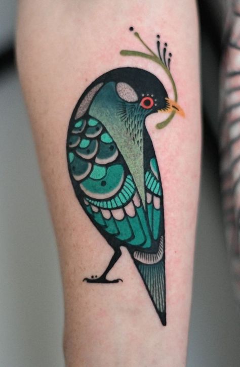 Traditional Blue Bird Tattoo, Art Deco Bird Tattoo, Green Bird Tattoo, Scrub Jay Tattoo, Neo Traditional Dinosaur Tattoo, Neo Trad Bird Tattoo, American Traditional Feather Tattoo, Fat Bird Tattoo, Kelpie Tattoo