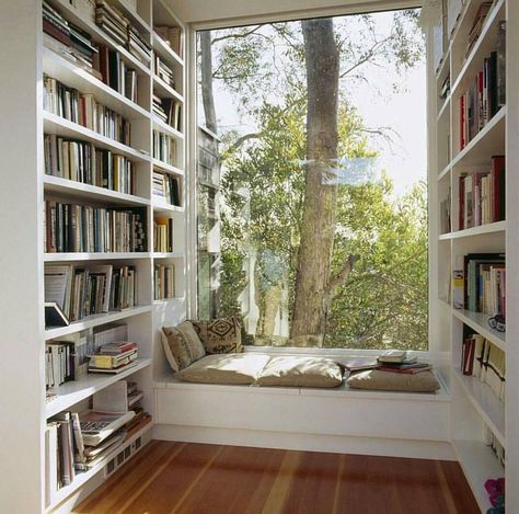 Pinterest: @amaurucusi Tree House Interior, Bibliotheque Design, Cozy Reading Corners, Home Library Design, Modern Houses Interior, Home Office Setup, Cozy Reading Nook, Home Library, Window Seat