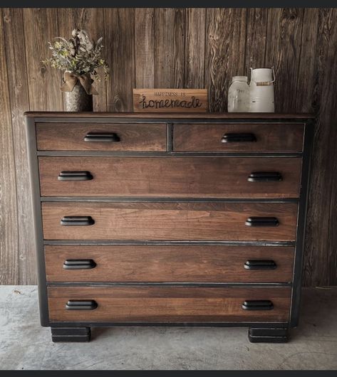 Reclaimed Furniture Upcycling, Masculine Dresser Makeover, Masculine Painted Dresser, Farm House Dresser, Cozy Industrial Dresser, Diy Furniture Upgrade, Restored Dresser, Mens Dresser Referbish, Furniture Makeover Inspiration