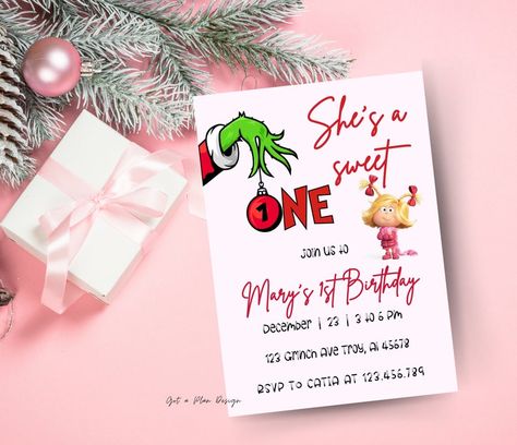 First Birthday Party, She's Turning One, Grinch Invitation, Girl Grinch, Christmas Birthday Party, She's a Sweet One Invite, Mean One Invite - Etsy 1st Birthday At Christmas Time, She’s A Sweet One Grinch Birthday, First Birthday Themes Christmas, First Birthday Themes December, The One Who Stole Christmas Birthday, Christmas Baby Birthday Ideas, Shes A Mean One Grinch Birthday, Grinch First Birthday Party Girl, 1st Birthday Christmas Theme Girl