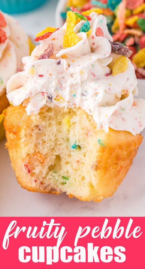 Fruity Pebble Muffins, Fruit Loop Cupcakes, Fruity Pebbles Cupcakes Recipe, Fruity Pebbles Frosting, Fruity Pebbles Birthday Cake, Fruity Pebbles Muffins, Fruity Pepples Desserts, Cereal Cupcakes Ideas, Fruity Pebbles Dessert Ideas