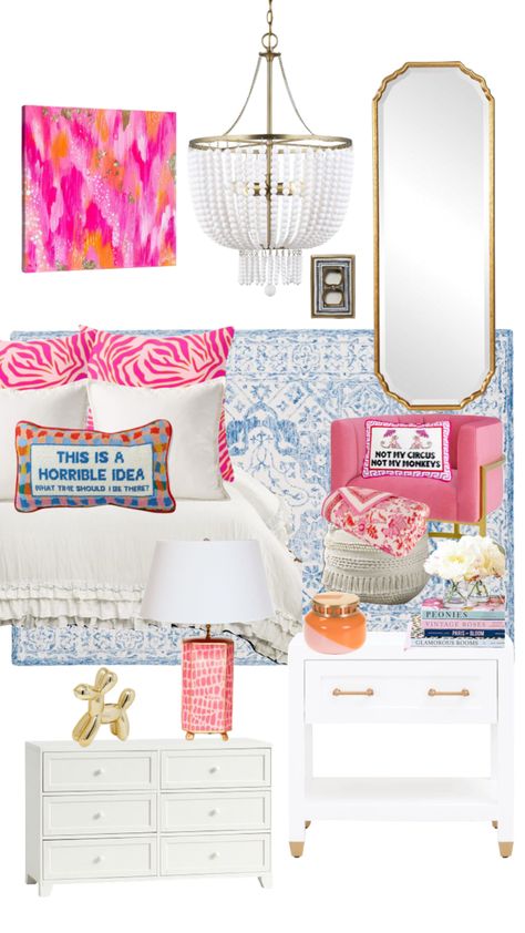 Hot Pink And Blue Room, College Dorm Wallpaper, Colorful Preppy Bedroom, Pink Orange And Blue Bedroom, White Bedroom With Pops Of Color, Dorm Room Ideas Colorful, White Room With Pops Of Color, Pink Headboard Bedroom Ideas, Pink And Blue Room Ideas