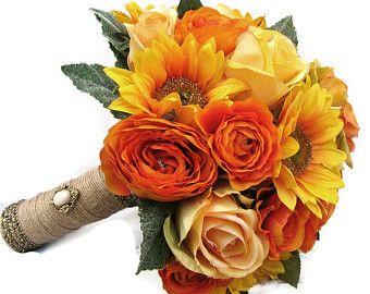 Silk Bridal Wedding Bouquet  Sunflowers Yellow Roses Orange Ranunculus Wedding Bouquets Orange, Bouquet With Sunflowers, Orange Rose Bouquet, Sunflowers Roses, Yellow Wedding Bouquet, Orange Ranunculus, Sunflowers And Roses, Orange Bouquets, Orange Wedding Flowers