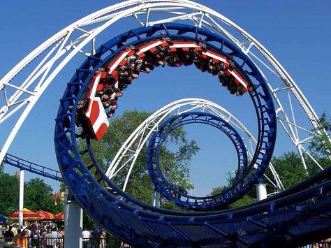 This roller coaster is an example of centripetal acceleration. Centripetal acceleration is the rate of change within a tangible object. Cedar Point Roller Coasters, Tickets Sign, Cedar Point Amusement Park, Best Amusement Parks, Theme Parks Rides, Apps Facebook, Kings Island, Cedar Point, Roller Coasters