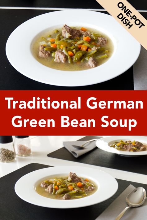 German Green Beans, Currywurst Recipe, Green Bean Soup, Homemade Beef Broth, Green Beans Soup, Traditional German Food, Organic Soup, German Food Authentic, Frozen Green Beans