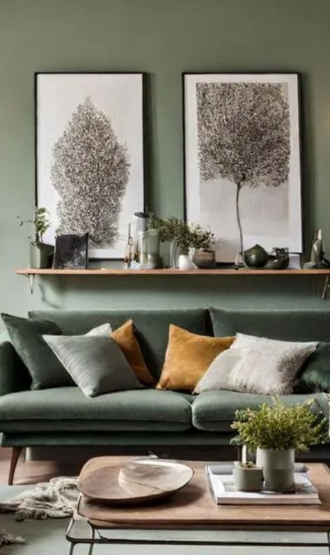 Apartment Reference, Living Room Design Green, Sage Living Room, Green Sofa Living, Green Walls Living Room, Sage Green Living Room, Green Living Room Decor, Green Accent Walls, Green Lounge