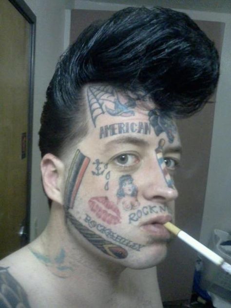 Rock on!... It's Bad TaToos Day! check'em out...its like a montage on his face. Bad Face Tattoos, Bad Family Photos, Tattoos Gone Wrong, Terrible Tattoos, Horrible Tattoos, Face Tats, Men Tattoos, Tattoo For Son, Tattoo Fails