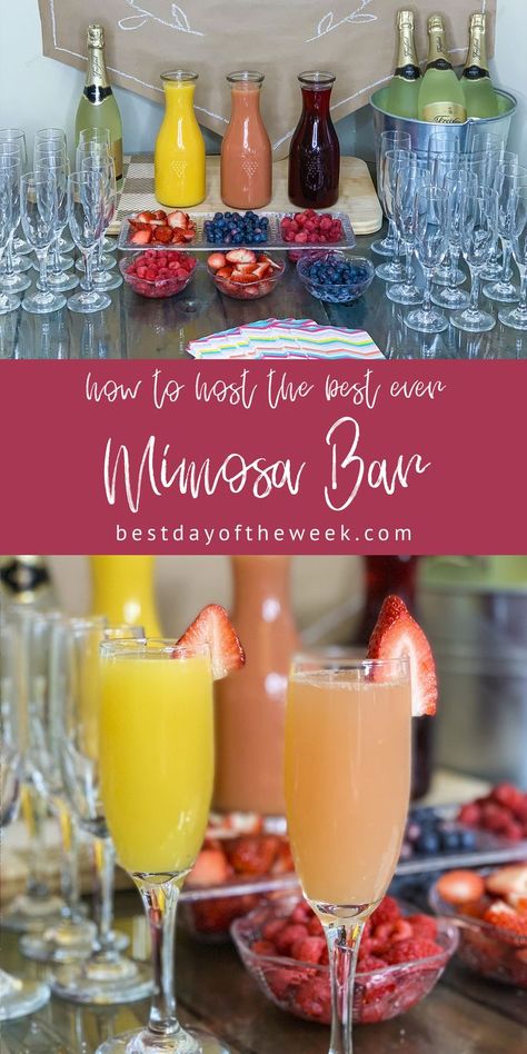 Sip And See Mimosa Bar, How Much Champagne For Mimosa Bar, Non Alcoholic Mimosa Bar Ideas, Mimosas Bar Ideas Brunch Party, Mimosa Bar Party Ideas, Mimosa Bar Ideas Birthday, Brunch Juice Bar, Fancy Mimosa Bar, New Years Brunch Party