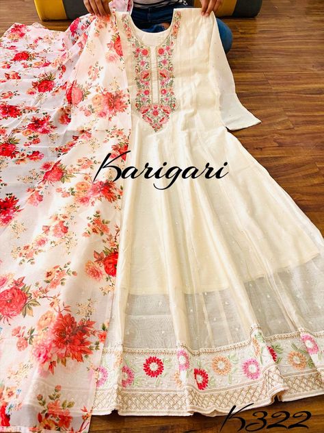 Pure Organza Gown With Floral Print Dupatta | ₹ 1899 | FREE Shipping | watsapp 9004688543 Chanderi Kurta Designs, Badla Work, Kurti Top, Dhokla Recipe, Organza Gown, Sms Language, Embroidery Suit, Organza Gowns, Party Wear Dress