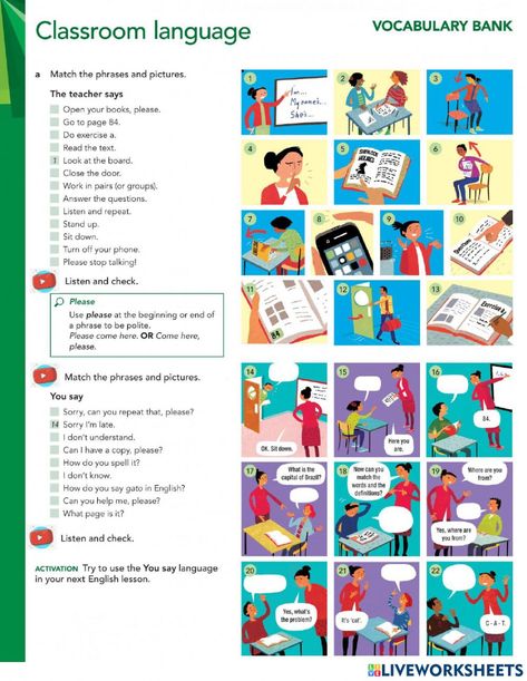 Classroom Phrases, Classroom Vocabulary, Freetime Activities, Esl Classroom, English Language Learning Grammar, Language Worksheets, The Worksheet, Teacher Planning, Learning Worksheets