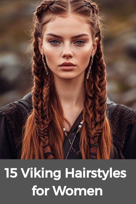 Discover a variety of Viking-inspired hairstyles for women that blend the perfect mix of functionality and fashion. Short hair? Try effortless braided accents or twists to channel your inner shieldmaiden. Medium-length locks provide endless styling options from intricate half-updos to loose waves adorned with delicate braids, ideal for a special event or wedding. These trendy yet timeless looks pay homage to Viking traditions while effortlessly aligning with contemporary style preferences. Asoka Tano Hairstyle, Nordic Viking Hairstyle, Braided Mohawk With Shaved Sides, Oktoberfest Braids Hairstyles, Viking Pigtails, Cool Easy Hairstyles For Long Hair, Funky Wedding Hairstyles, Mexican Theme Hairstyles, Viking Inspired Hairstyles