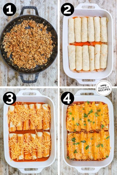 These Ground Turkey Enchiladas are both delicious and easy to make, making them perfect for a family-friendly weeknight meal. This recipe features all the classic flavors of beef enchiladas but with the added bonus of being made with seasoned ground turkey for a lighter twist. This turkey enchiladas recipe is perfect for any occasion - from feeding a crowd to a quick, easy weeknight dinner. Save some for later and make a double batch to freeze for a convenient, ready-to-bake dinner option. Turkey Enchilada Casserole, Seasoned Ground Turkey, Ground Turkey Enchiladas, Bake Dinner, Ground Turkey Recipes Easy, Quick Family Dinners, Turkey Enchiladas, Turkey Meat Recipes, Viral Recipes