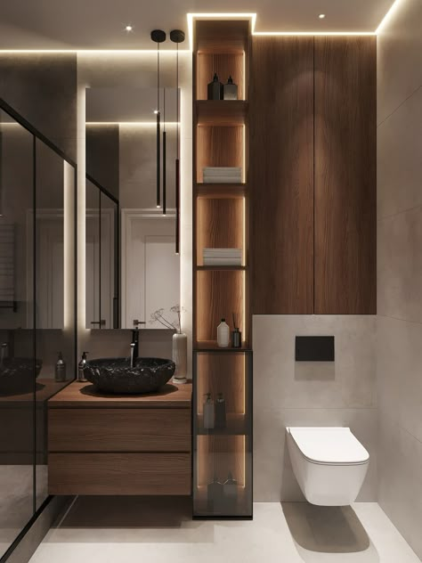 Modern Toilet Room Design, Toilet Beside Vanity, Slat Wood Bathroom, Bathroom Latest Design, White And Dark Wood Bathroom, Small Toilet And Bath, Tile And Wood Bathroom, Small Bathroom Remodel With Shower Only, Square Bathroom Layout