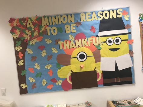 A Minion Reasons To Be Thankful, Minion Door Decorations, Minion Bulletin Board, Thanksgiving Door Decorations Classroom, Fall Classroom Decorations Ideas, Thanksgiving Classroom Door, Valentines Classroom Door, Spring Classroom Decorations, Thanksgiving Door Decorations