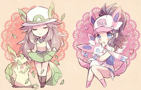 Leaf and Hilda,Leaf is my favourite and Leafeon is too Pokemon Platinum, Illustration Manga, Pokemon Gijinka, Pokemon Eeveelutions, Eevee Evolutions, Original Pokemon, Pokemon Eevee, Pokemon Comics, Pokémon Master