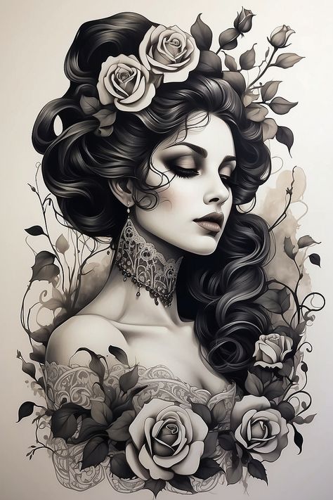 Naked Lady Plant Tattoo, Victorian Lady Tattoo, Dark Woman Tattoo, Tattoo Designs Dark, Tattoo Designs Realistic, Lady Head Tattoo, Tattoo Designs Women, Pinup Portrait, Girl Flower Tattoos