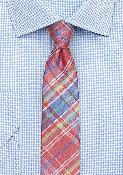 Skinny+Madras+Summer+Silk+Tie+in+Red Red Fitted Summer Tie, Pre-tied Formal Summer Ties, Elegant Red Spring Ties, Striped Summer Ties, Red Semi-formal Necktie, Tie Vest, Tie Men, Light Blue Shirts, Bright Designs