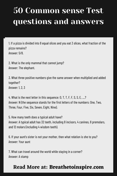 common sense test questions Common Sense Quiz, Common Sense Questions, Positive Numbers, Questions With Answers, Quiz Questions, Odd Numbers, Test Questions, Logical Thinking, Thinking Skills