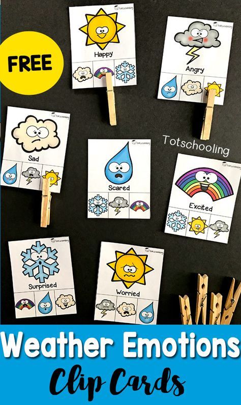 FREE printable Emotions activity with a Weather theme! Great for toddlers and preschoolers to learn about feelings, weather and build fine motor skills by clipping the cards with clothespins. Weather Seasons Preschool, Fine Motor Weather Activities Preschool, Rainy Preschool Activities, Weather Counting Preschool, Free Weather Printables Preschool, Weather Preschool Activities, Clip Cards Free Printable, Feelings Preschool, Weather Lesson Plans