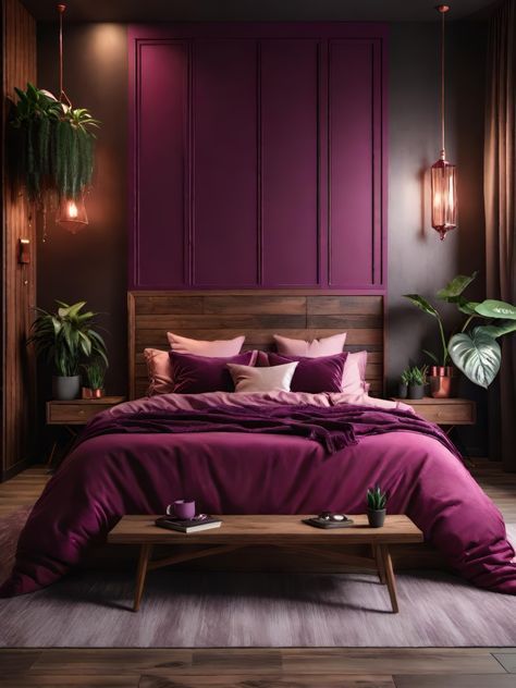 Pink Purple Room Aesthetic, Cozy Bedroom Purple, Magenta Bedroom Ideas, Dark Pink Walls, Magenta Bedroom, Magenta Bedrooms, Pink Purple Bedroom, Soft Pink Walls, Magenta Decor