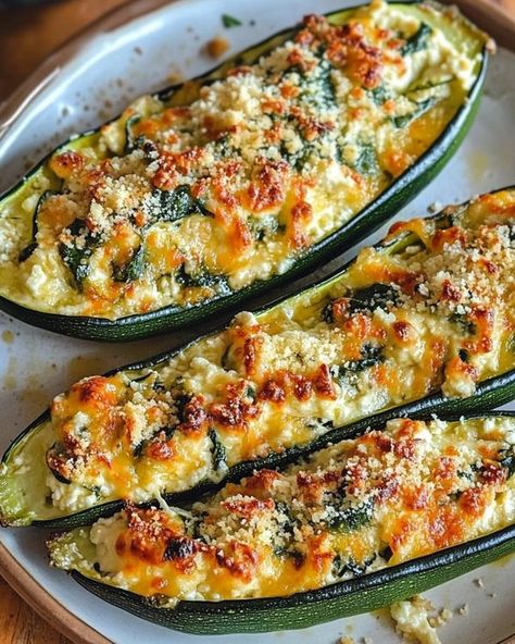 Crisp Recipes | Stuffed Zucchini Boats with Ricotta and Spinach | Facebook Stuffed Zucchini Boats With Spinach And Ricotta, Zucchini Boat, Crisp Recipes, Ricotta Spinach, Zucchini Boat Recipes, Stuffed Zucchini Boats, Stuffed Zucchini, Zucchini Boats, Diet Ideas