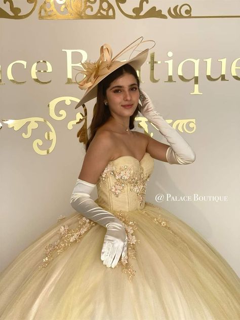 Gown With Gloves, Eco Dresses, Gold Wedding Gowns, Dress And Gloves, Dress With Gloves, 15 Dresses Quinceanera, Ethereal Dress, Pretty Quinceanera Dresses, Quince Dress