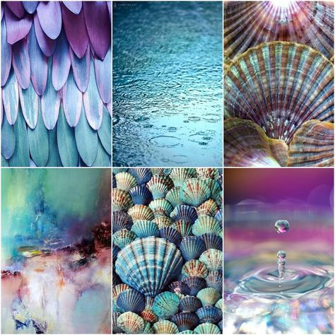 color mood board: Raindrops ... feathers, water, scallop shells, abstract art, blue shells, a drop ... aquas and purples with touches of tan ... Shells Mood Board, Fashion Colour Palette Mood Boards, Water Mood Board, Mood Board Nature, Mermaid Mood Board, Nature Mood Board, Mermaid Color Palette, Inspiration Board Ideas, May Mood Board