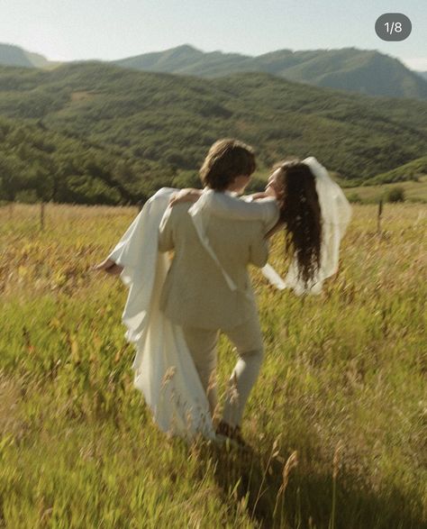 Wedding In The Woods Aesthetic, Field Elopement Photos, Weddings In Fields, Wedding Photography Landscape, Field Wedding Dress, Spring Wedding Photoshoot, Wedding Woods Forest, Overgrown Garden Wedding, Fairy Wedding Photoshoot