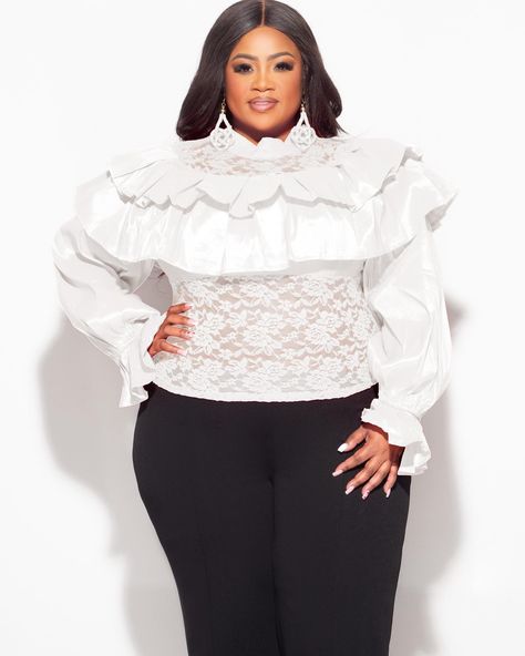 Yaaasss! Frill me, baby! Coming Friday, set a reminder for 8am PST White Blouses, White Ruffle Blouse, Chic And Curvy, Plus Size Lace, Baby Coming, Lace Ruffle, Plus Size Blouses, Lace Blouse, Office Wear