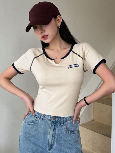 Apricot Casual Collar Short Sleeve Fabric Letter,Plain  Embellished Slight Stretch  Women Clothing Tshirt Women, Fabric Letters, Collar Tshirt, Collars For Women, Notched Collar, Contrast Trim, Women Clothing, T-shirt, Trim