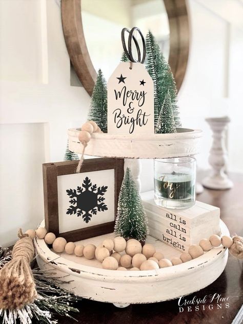 Tiered Tray Set - Merry & Bright (other color schemes available) | Creekside Place Designs 2 Tier Stand Decor Christmas, Winter 3 Tiered Tray Ideas, Snowman Tiered Tray Ideas, Tiered Tray Christmas Decor Ideas, Tray Christmas Decor Table Centerpieces, Round Tray Christmas Decor, Winter Tiered Tray Ideas, Christmas Tiered Tray Ideas, Tray Christmas Decor